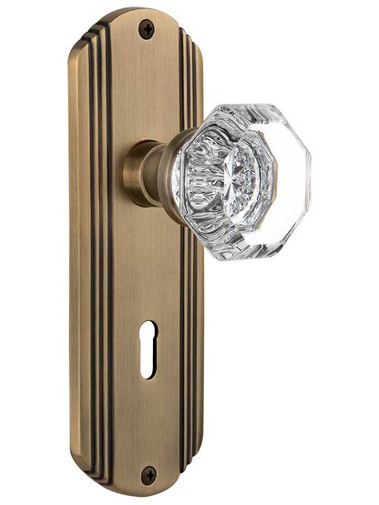 Streamline Moderne Mortise Lock Set With Waldorf Crystal Knobs in Antique Brass.